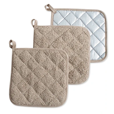 CC Home Furnishings Set of 3 Brown Terry Geometric Pattern Squared Potholders 7"