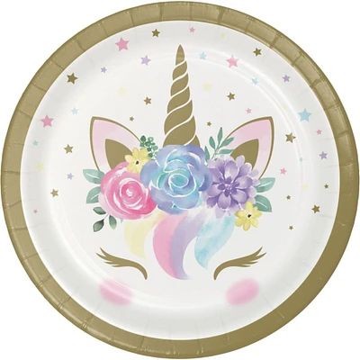 Party Central Club Pack of 96 White and Green Unicorn Baby Shower Circle Plates 7"