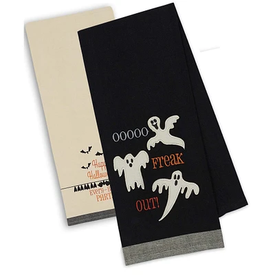 Contemporary Home Living Set of 2 Black and Beige Halloween Theme Printed Rectangular Dishtowels 28"