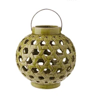 Raz 10.25" Tea Garden Caladium Leaf Green Glazed Terracotta Crackled Decorative Pillar Candle Lantern