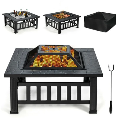 Gymax 32 3 in 1 Outdoor Square Fire Pit Table W/ BBQ Grill Rain Cover for Camping