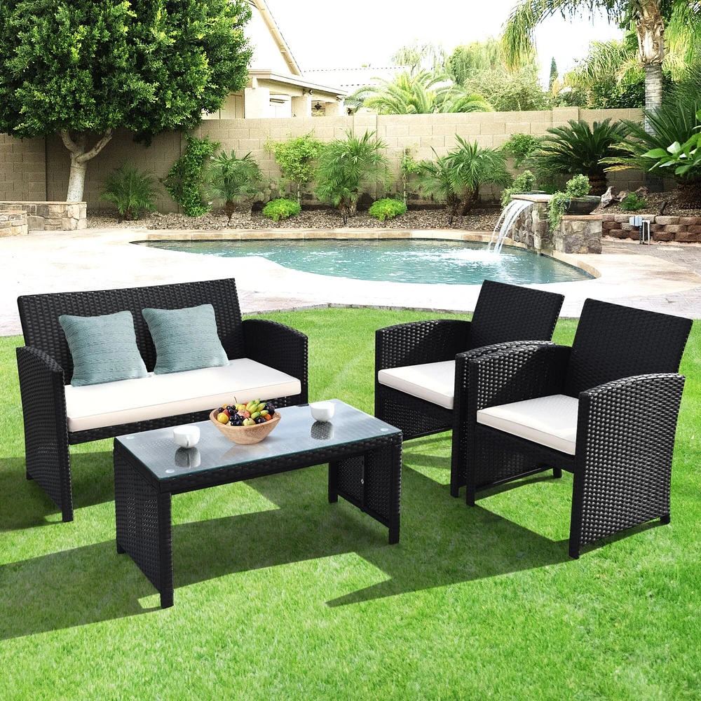 4 Pcs Wicker Conversation Furniture Set Patio Sofa and Table Set