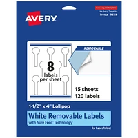 Avery Matte White Removable Lollipop Labels with Sure Feed Technology, Print-to-the-Edge, 1.5" x 4"