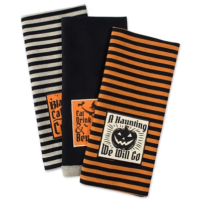 Contemporary Home Living Set of 3 Black and Orange Halloween Themed Rectangular Dishtowels 28"