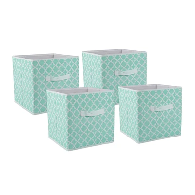 Contemporary Home Living Set of 4 Aqua Blue and White Nonwoven Polyester Cube Storage Bin with Lattice Design 11"