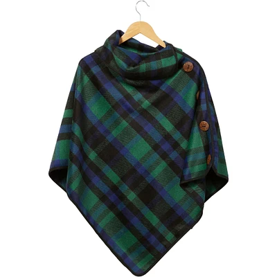 Contemporary Home Living 30" Green, Blue, and Black Spruce Patrick Plaid Button Poncho