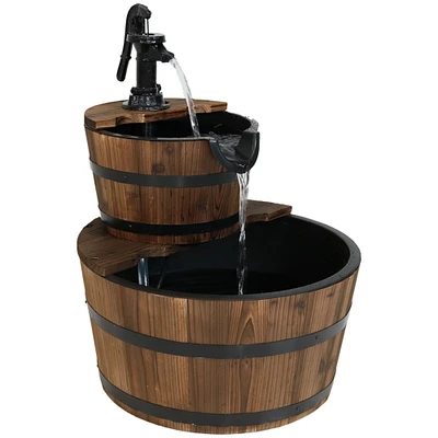 Sunnydaze Wooden Bowl/Barrel Water Fountain with Hand Pump/Liner - 23 in by