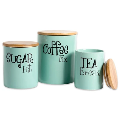 Contemporary Home Living Set of 3 Aqua Blue and Beige Coffee Sugar Tea Named Canisters 11.75"