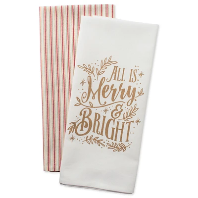 Contemporary Home Living Set of 2 White and Red "Merry & Bright Christmas" Printed Rectangular Dishtowels 28"