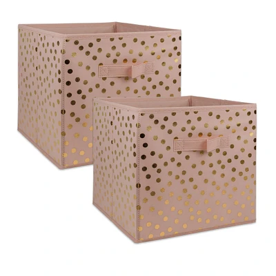 Contemporary Home Living Set of 2 Pink and Gold Nonwoven Polyester Cube Storage Bin with Millenial Dots Design 13"