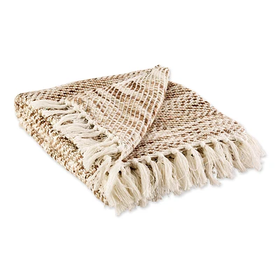 Contemporary Home Living 4' x 5' Beige and White Rectangular Home Essentials Woven Throw with Fringe