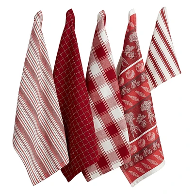 Contemporary Home Living Set of 5 Red and White Dishtowel 28"