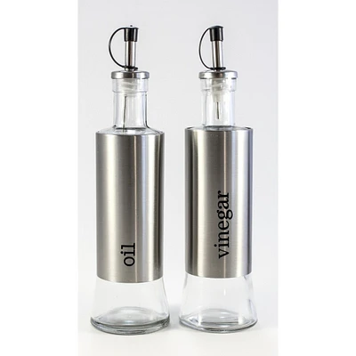 GC Home & Garden Set of 2 Oil and Vinegar Glass and Stainless Steel Cruets 9.75"