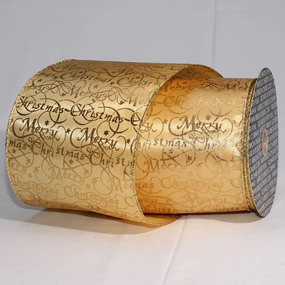 The Ribbon People Beige and Gold "Merry Christmas" Wired Craft Ribbon 5" x 20 Yards