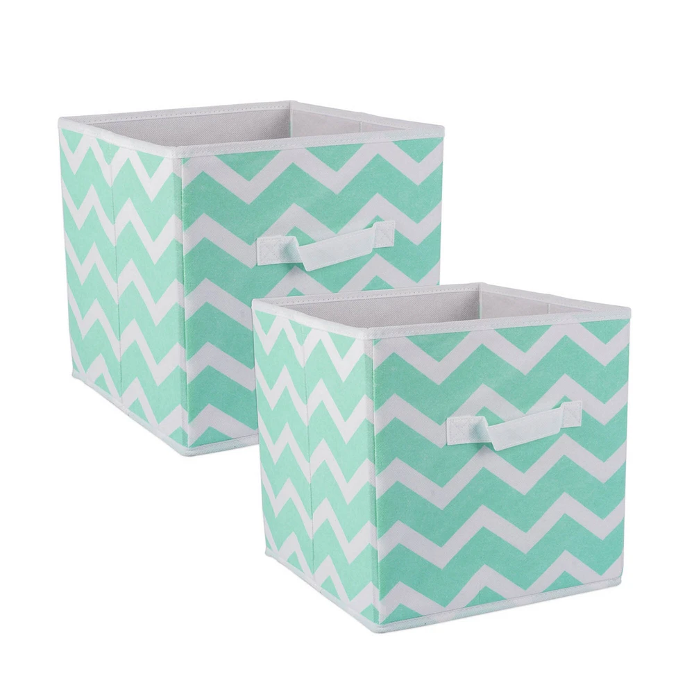 Contemporary Home Living Set of 2 Aqua Blue Nonwoven Polyester Cube Storage Bin with Chevron Design 11"