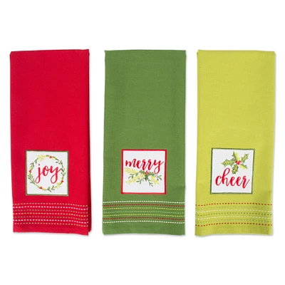 Contemporary Home Living Set of 3 Joy, Merry and Cheer Embroidered Christmas Dishtowels 28"