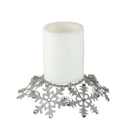 Melrose 9" Silver Snowflake Glittered and Jeweled Christmas Pillar Candle Holder