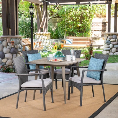 GDFStudio Leah Outdoor 5 Piece Wood and Wicker Dining Set