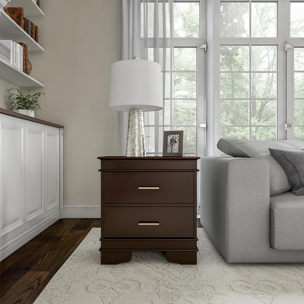 Lavish Home End Table with 2 Drawers- Sofa Side Table- Dark Brown and Silver Handles- Traditional Style Wooden Nightstand