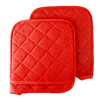 Lavish Home Set of 2 Cotton Pot Holders Flame Heat Protection Big Oven Mitts 8 x 9 Red