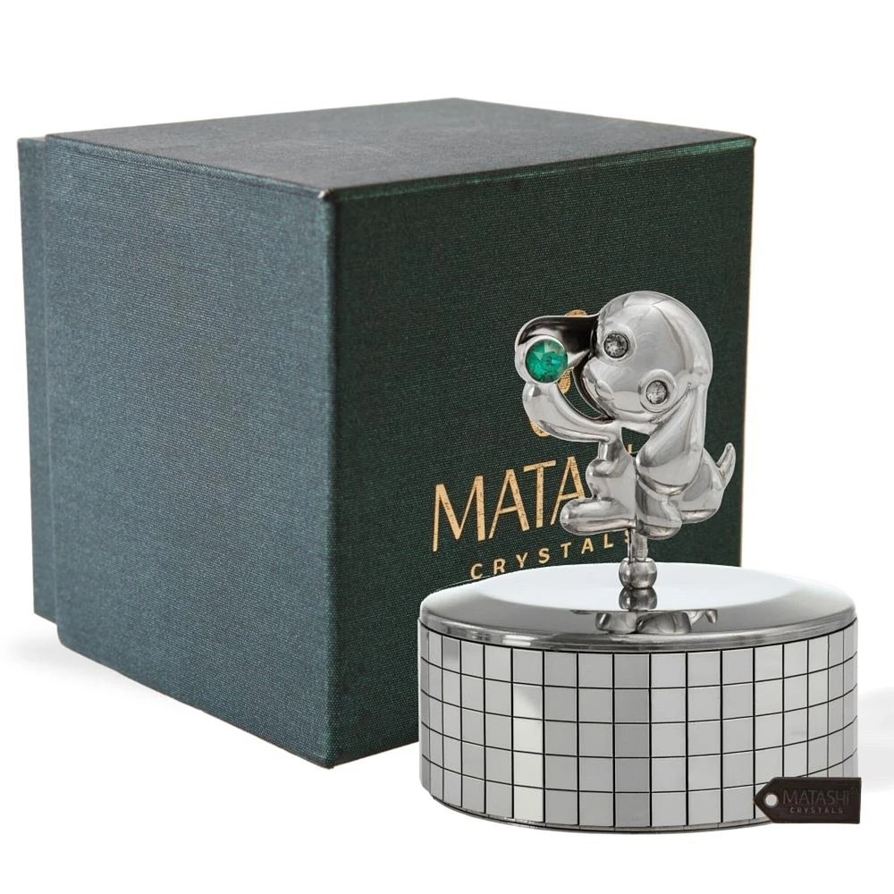 Matashi  , Chrome Plated Puppy Music Box plays Love Story  Silver Table Top Ornament w/ Green Crystal  Home, Bedroom,