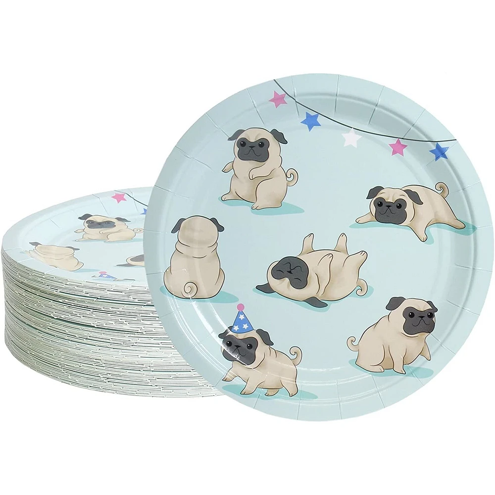 Blue Panda 80-Pack Disposable Paper Pug Plates for Lunch, Dinner, & Dessert, Dog Party Supplies, 9 Inches