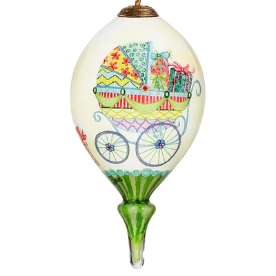 CC Christmas Decor 4.75” Ivory and Green Baby Carriage Hand Painted Mouth Blown Glass Hanging Christmas Ornament