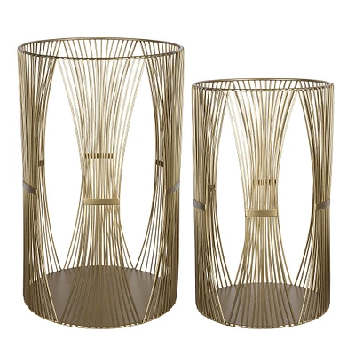 Contemporary Home Living Set of 2 Gold Tone Boho Handcrafted Hurricane Candle Holders 16.25"