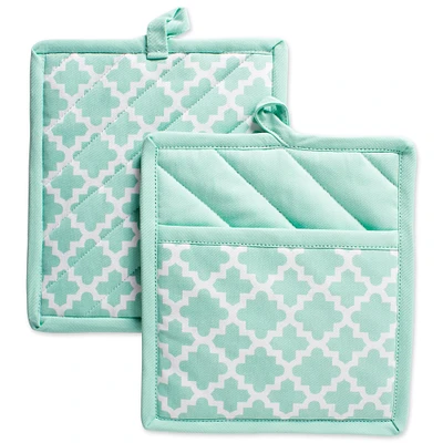 CC Home Furnishings Set of 2 Aqua Blue Quilted Lattice Potholders with Loop 9”