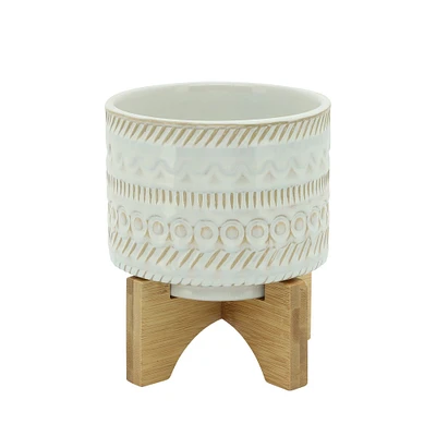 Kingston Living 6" Ivory and Beige Tribal Ceramic Planter with Stand