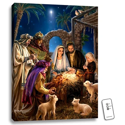Glow Decor 24" x 18" Blue and Brown Jesus In The Manger Back-Lit Wall Art with Remote Control