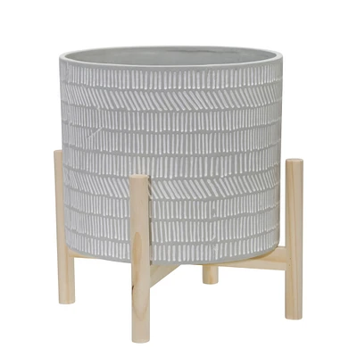 Kingston Living 12" Ivory and Beige Tribal Ceramic Outdoor Planter with Stand