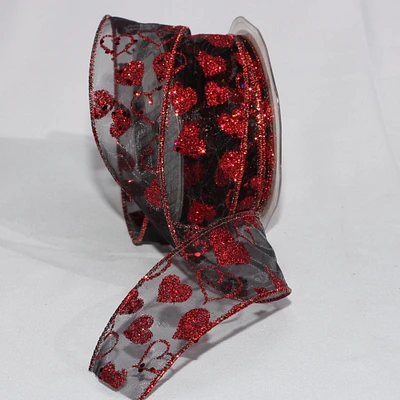 The Ribbon People Sheer Black and Red Love Glittered Hearts Wired Craft Ribbon 1.5" x 27 Yards