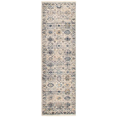 Chaudhary Living 2' x 8' Off White and Blue Vintage Geometric Rectangular Rug Runner