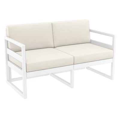 Luxury Commercial Living 55" White Outdoor Patio Loveseat with Sunbrella Natural Beige Cushion
