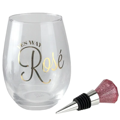 Wild Eye Pink Glittered Diamond Rosé Stemless Wine Glass and Bottle Stopper Gift Set 16oz