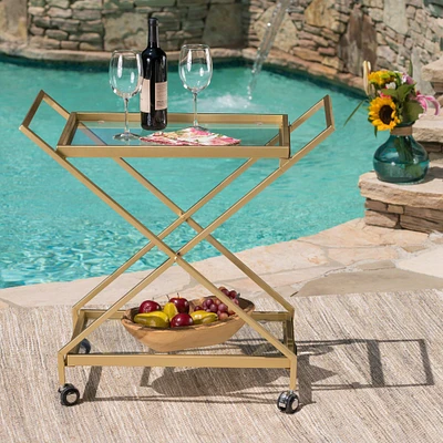 GDFStudio Easter Indoor Industrial Iron and Glass Bar Cart, Gold