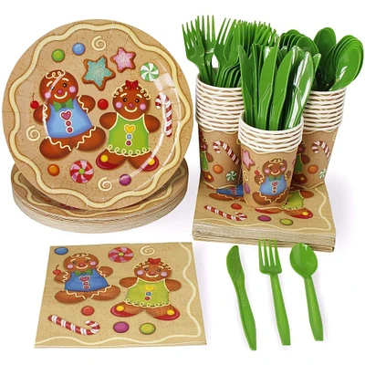 144 Piece Gingerbread Paper Plates, Napkins, Cups, Cutlery for Christmas Party Supplies (Serves 24)