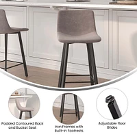 Merrick Lane Oretha Set of 2 Modern Upholstered Stools with Contoured, Low Back Bucket Seats and Iron Frames