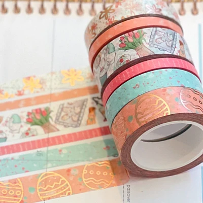 FOILED Easter Rose Gold Bunnies & Flowers Peach & Blue Washi Tape Set (#W055)