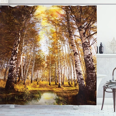 Ambesonne Tree Shower Curtain, Autumn Season Forest in Sun Rays Near The River in Morning Idyllic View Print, Cloth Fabric Bathroom Decor Set with Hooks, 69" W x 84" L, Yellow Brown White