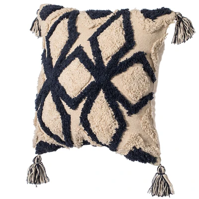 16" Handwoven Cotton Throw Pillow Cover with Tufted designs and Side Tassels
