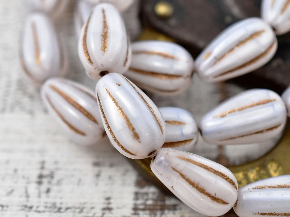 *6* 8x12mm Bronze Washed White Silk Melon Drop Beads