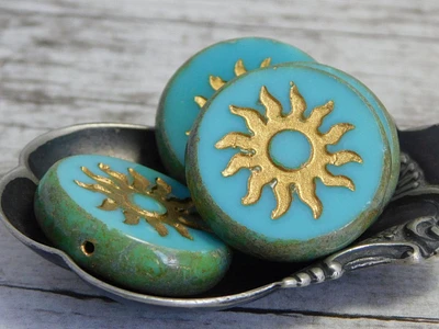 21mm Gold Washed Opaque Turquoise Picasso Table Cut Sun Design Coin Beads