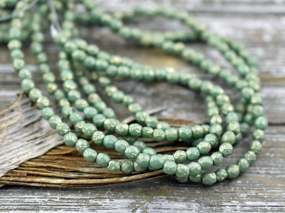 *50* 3mm Gold Washed Etched Sea Green Fire Polished Round Beads