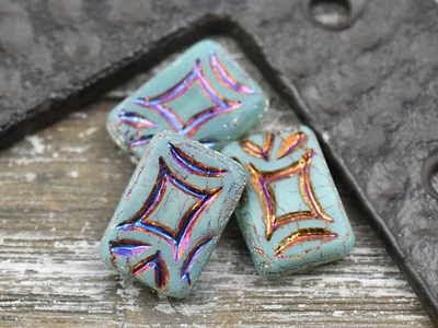 *6* 19x13mm Matte Green Aqua Rainbow Sliperit Rectangle Beads
