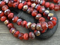 *25* 6x8mm Copper Washed Etched Coral Red Fire Polished Rondelle Beads