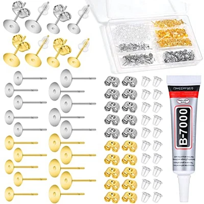 anezus Jewelry Glue with Earring Posts for Jewelry Making, 600pcs Stainless Steel Earring Posts and Backs Silver and Gold Earring Posts with Rubber Earring Backs for Earring Making Supplies