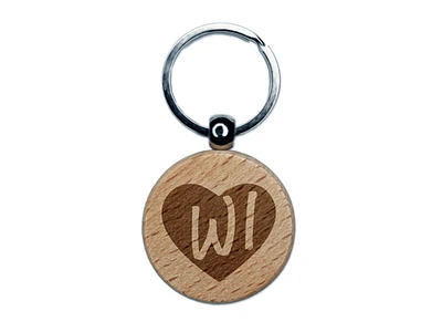 WI Wisconsin State in Heart Engraved Wood Round Keychain Tag Charm