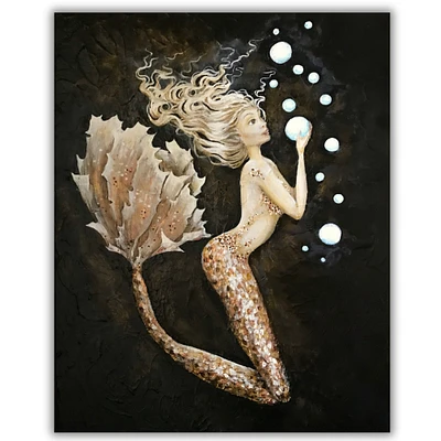 Mermaid playing with bubbles black and gold wall art print